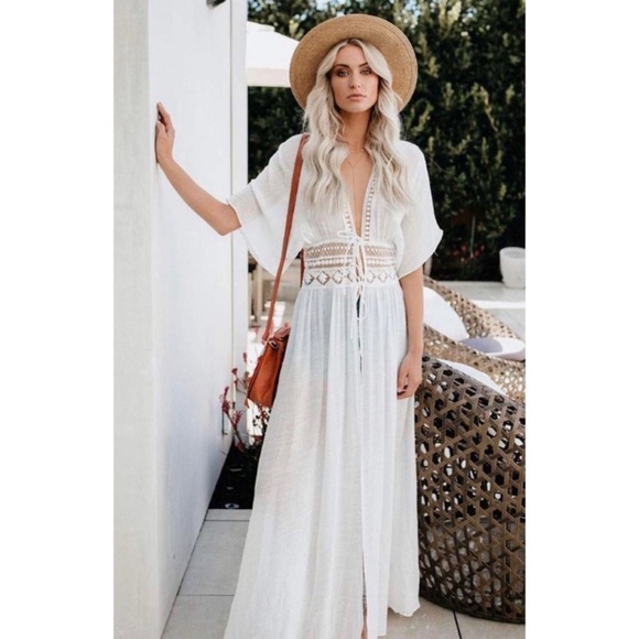 LAST 1️⃣🌻New Beautiful White Bohemian Tie Front Open Style Kimono,Lace - Picture 8 of 10